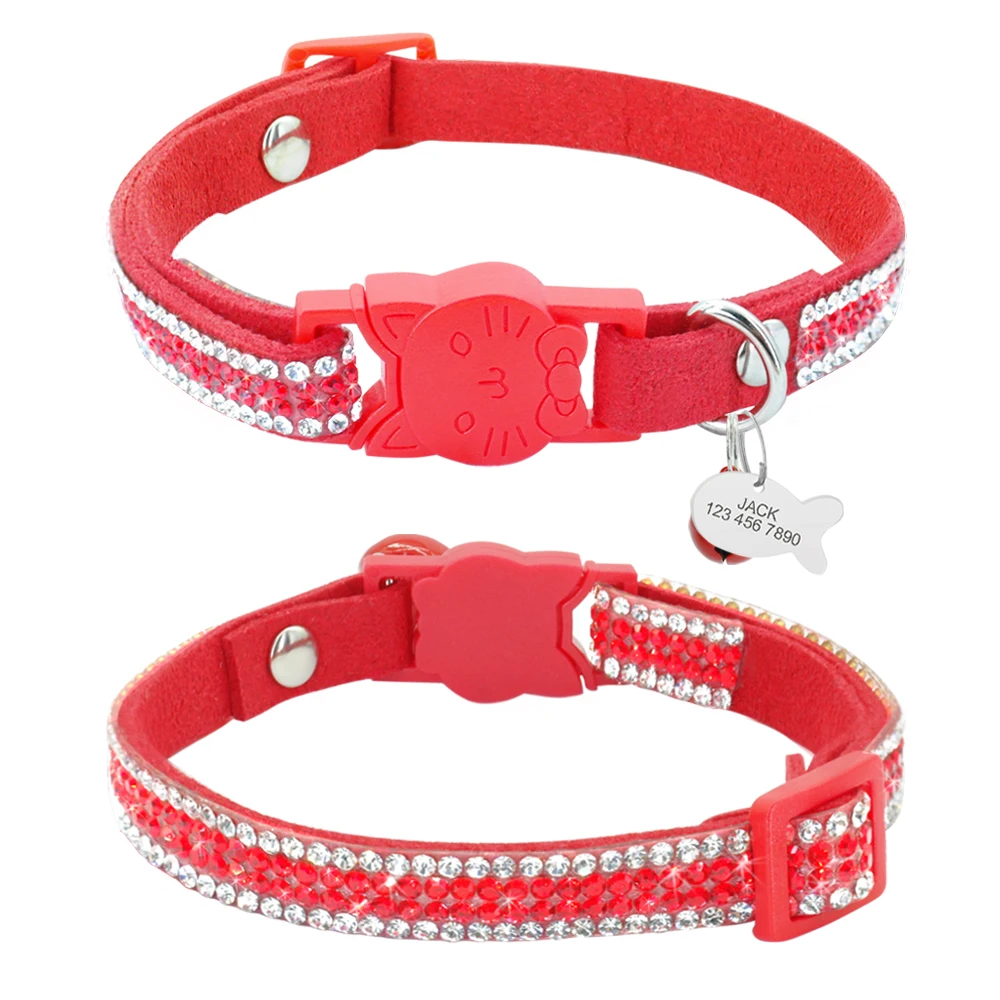 Cat Collar Personalized Accessories Crystal Cats Products for Pets Quick Release Rhinestone Leather Kitten Collar with Id Tag