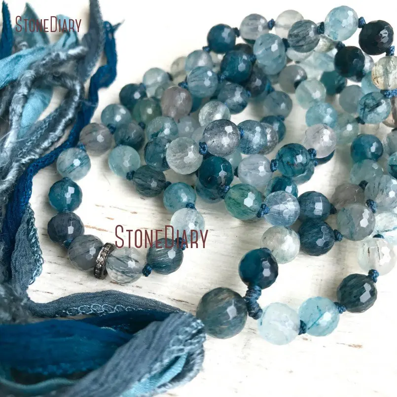 20180313-NM11090-Blue Rutilated Quartz Mala Beads, Rare Natural Gemstone, Silk Sari Tassel, Pave Diamond, Throat Chakra Tassel Necklace, December Birthstone_1