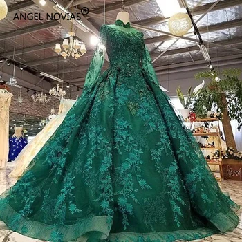 

ANGEL NOVIAS Long Sleeves High Neck Green Ball Gown Arabic Dubai Muslim Wedding Dresses 2018 Tulle Bridal Gowns