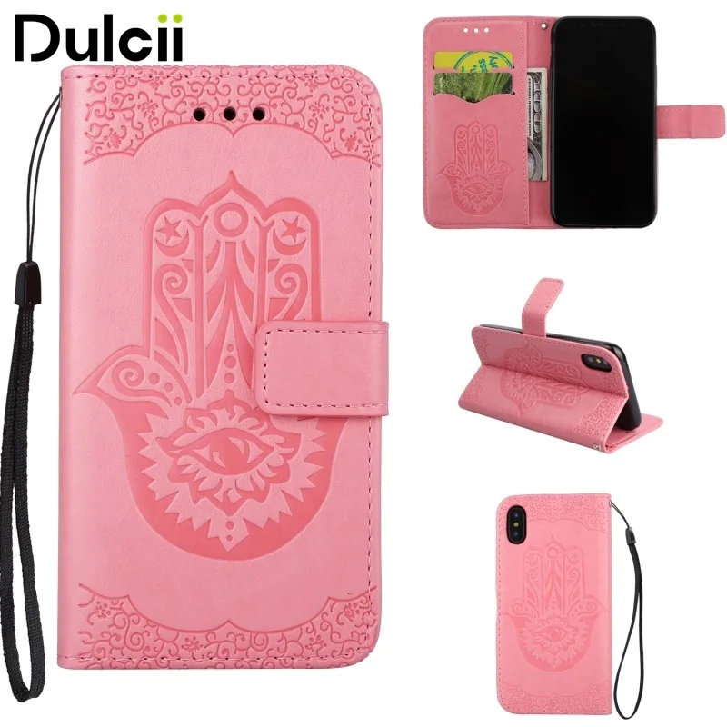 Dulcii for Apple iPhone X Cases Imprinted Hamsa Hand Stand Leather