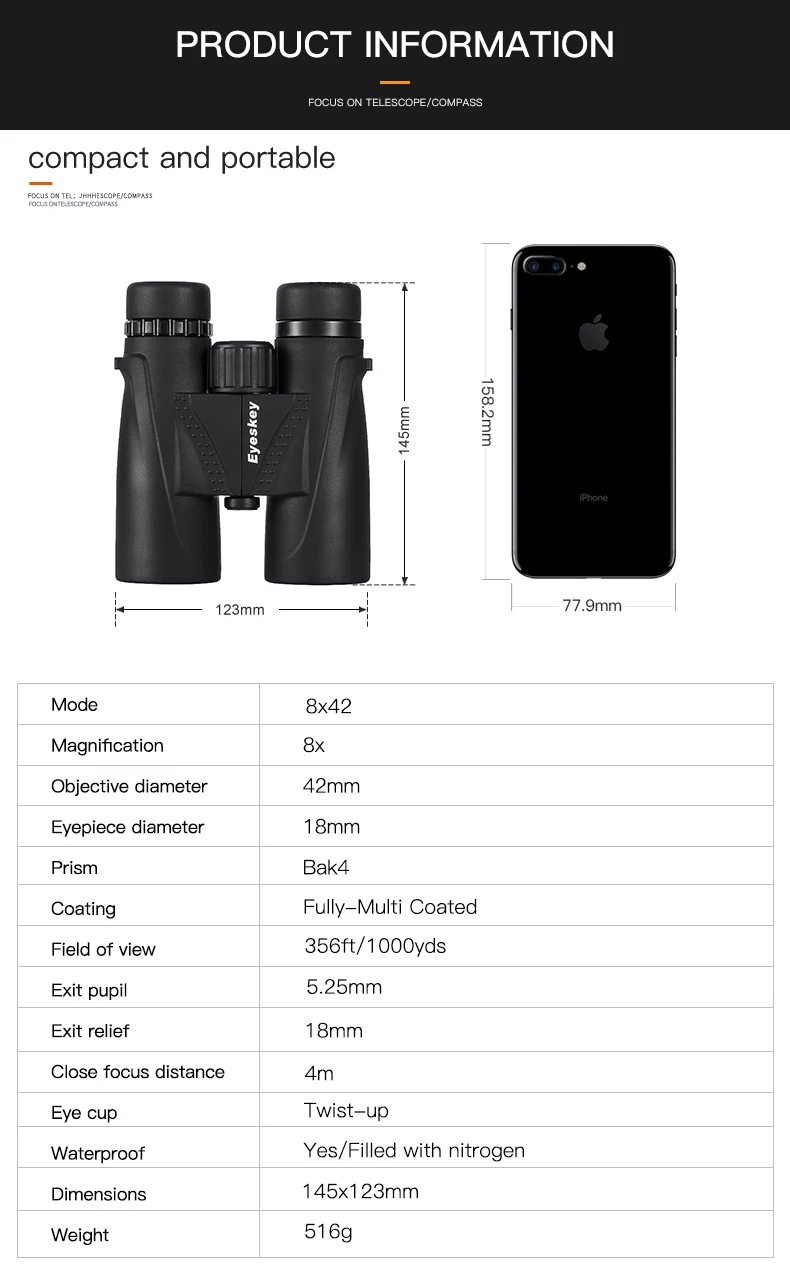 Охотничий бинокль 8x42 бинокль Eyeskey Водонепроницаемый Телескоп Bak4 призма кемпинг охотничьи прицелы с шейным ремешком нескользящий