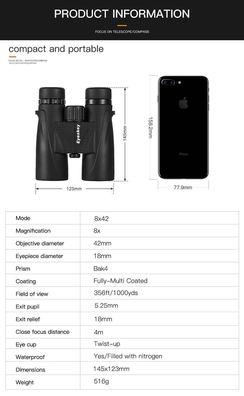Telescópio à Prova Scopes com Alça de Pescoço Caça Binóculos Eyeskey Prism d' Água Camping Não-slip 8x42 Bak4 8 Telescópio e binóculos