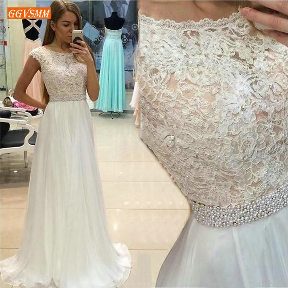 

Sexy Boho Chiffon White Long Dresses Evening Lace Appliques Beaded Sashes Sleeveless Evening Gowns A Line Banquet Formal Dress