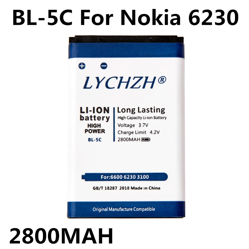 

2018 Original BL5C BL-5C BL 5C Battery For Nokia 1100 1110 1200 1208 1280 1600 2600 2700 3100 3110 5130 6230 6230i n70 2800mAh