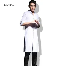 Однотонные мужские рубашки в стиле кэжуал в стиле панк, хлопковые льняные облегающие длинные рубашки с воротником-стойкой, рубашки с коротким рукавом, Chemise Homme