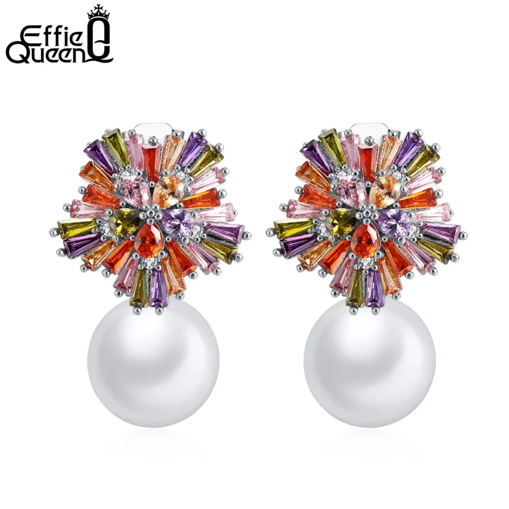 

Effie Queen New Pearl Earring Big Flower Colorful Cubic Zirconia Stud Earrings for Women Wedding Party Jewelry Best Gift DE177