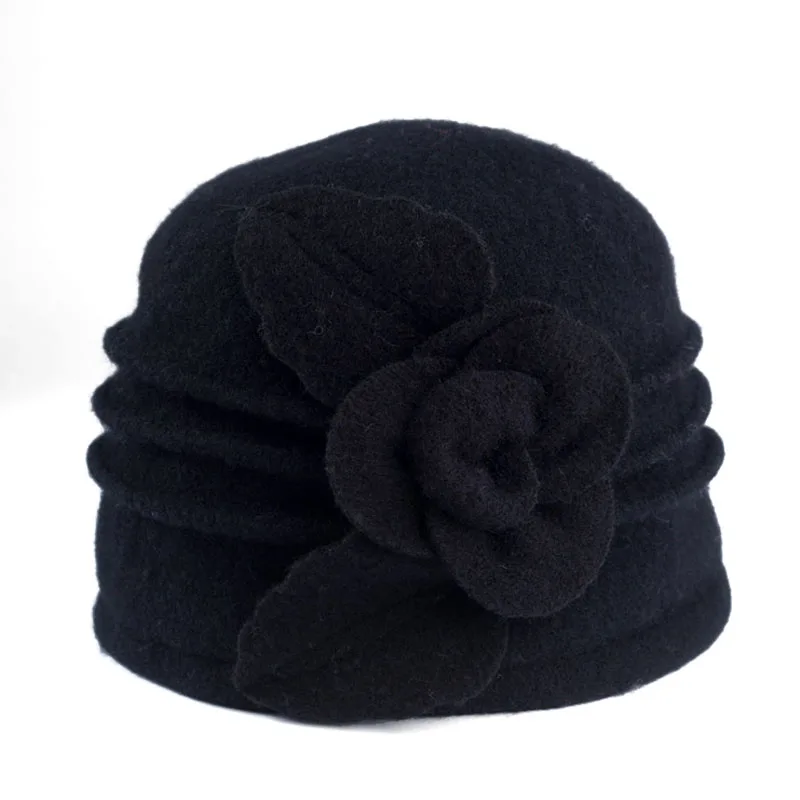 Фибоначчи осень зима среднего возраста женская шапка цветочный шерсть мама шапочки купол флоппи теплая шапка - Цвет: Черный