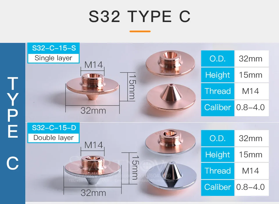 Dia.32 H15 M14 Однослойная/двухслойная волоконная насадка для лазерной резки калибра 0,8-3,0 мм, насадки для лазерной резки