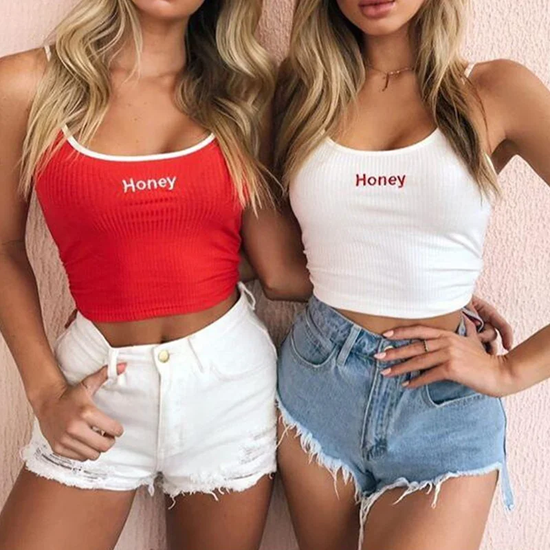 

Sexy Women Crop Top 2018 Summer Honey Letter Embroidery Strap Tank Tops Cropped Feminino Ladies Elastic Shirt Vest Camisole 5