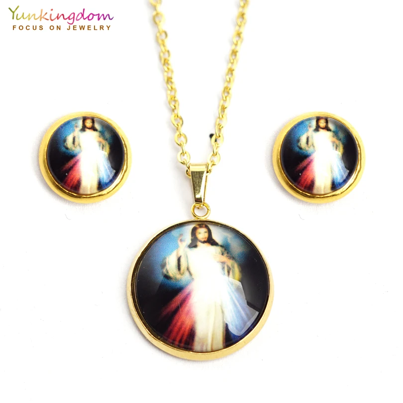 

Jesus resin jewelry sets for women stainless steel religious jewelry set titanium necklace earring set brinco e colar UE0137