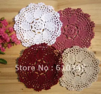 

Free shipping wholesale 100% cotton Doily hand made Crochet cup mat, ,cup pad,coaster 18CM round 4 colors 12 PCS/LOT CD036