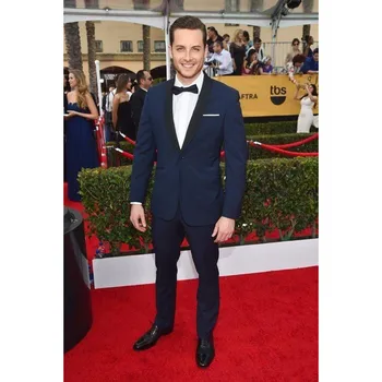 

New Arrival Grooms Tuxedos Celebrity Navy Carpet Mens Suits For Wedding Shawl Lapel Two Piece Men Suits (Jacket+Pants+Bow)