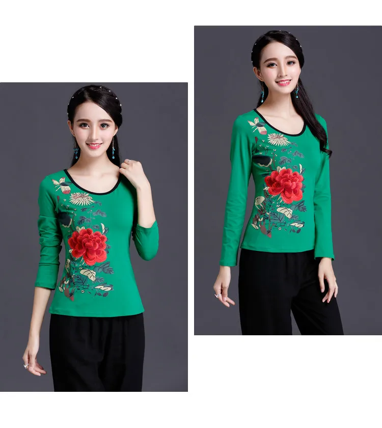 Женская футболка, винтажная хлопковая футболка с длинным рукавом, большие размеры, женская повседневная одежда с цветочной вышивкой в Корейском стиле