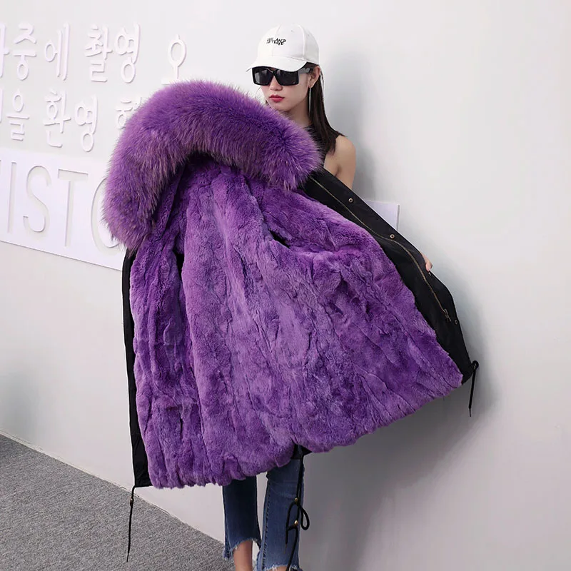 Парки Mujer X-long со съемным кроличьим мехом, зимние женские парки, пальто, новинка, большие размеры, с капюшоном, Женская однотонная Меховая куртка - Цвет: black purple