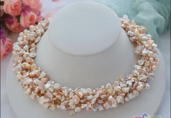 

Wholesale FREE SHIPPING >>> P4632 6row 18" 11mm pink BAROQUE lamina KESHI REBORN PEARL NECKLACE