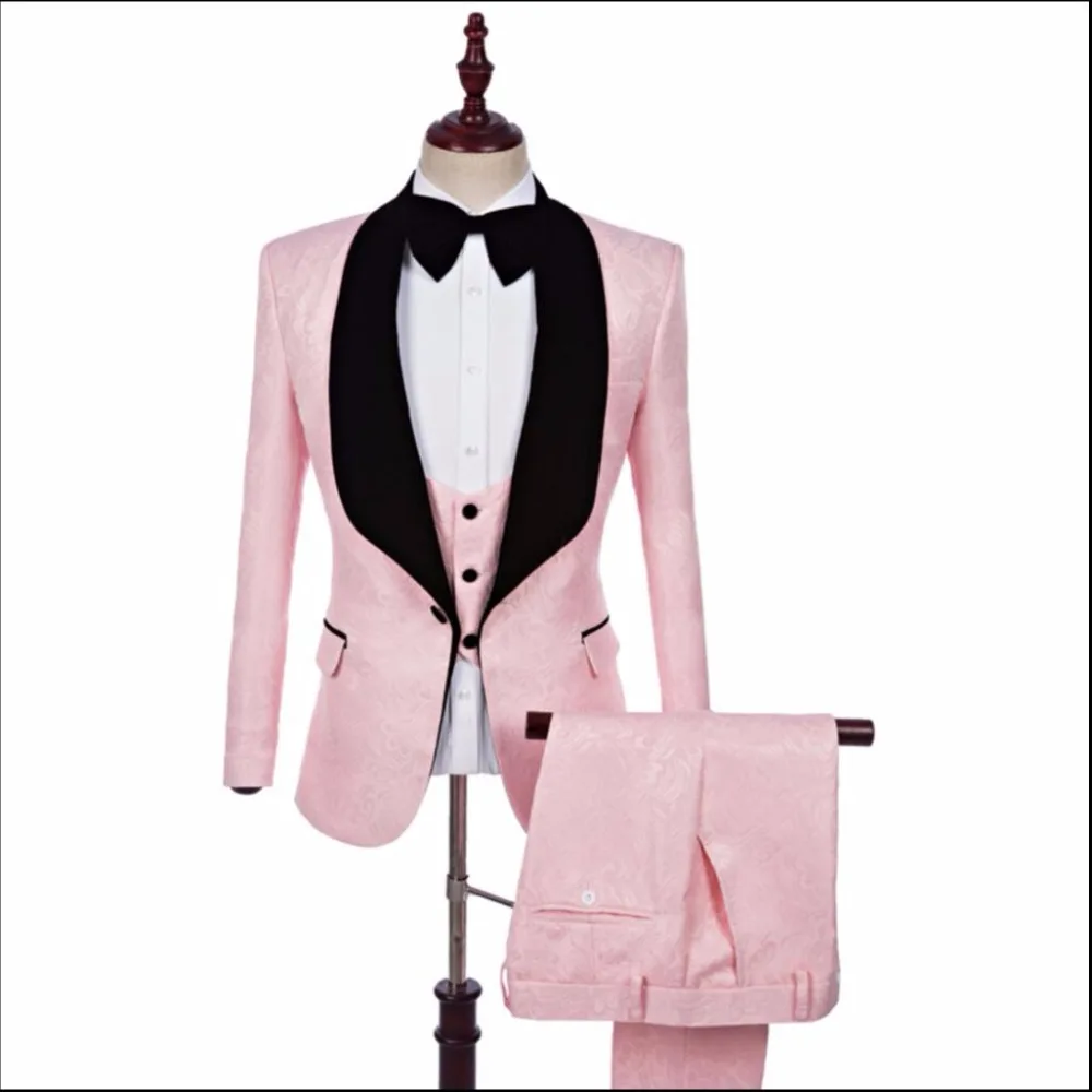 

2021 New Men's Wedding Groom Pink Jacquard Suits Three-piece Casual Slim Shawl Collar Formal Dress Singer Stage Costumes /s-5xl