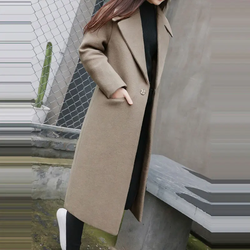 Kopen 1 st Lente Herfst vrouwen Wollen Jas Nieuwe Mode Lange Wollen Jas Enkele Breasted Slanke Type Vrouwelijke Herfst Winter wollen Jassen Z5438