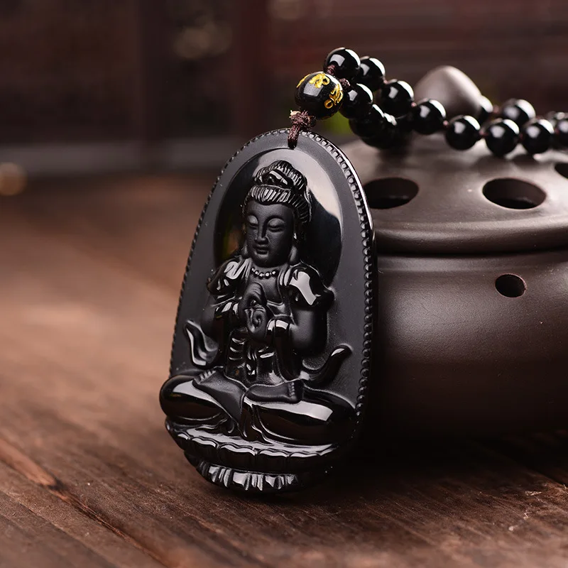 Прямая, черный обсидиан, резной Будда, счастливый амулет, кулон, ожерелье для женщин и мужчин, подвески, ювелирное изделие, патрон, святое ожерелье