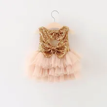2016 Nouvelles Robes de Fille D’été Enfants Paillettes Arc Gradins Gaze Parti Robe Princesse Robe Enfants Vêtements 2-7 T 16882