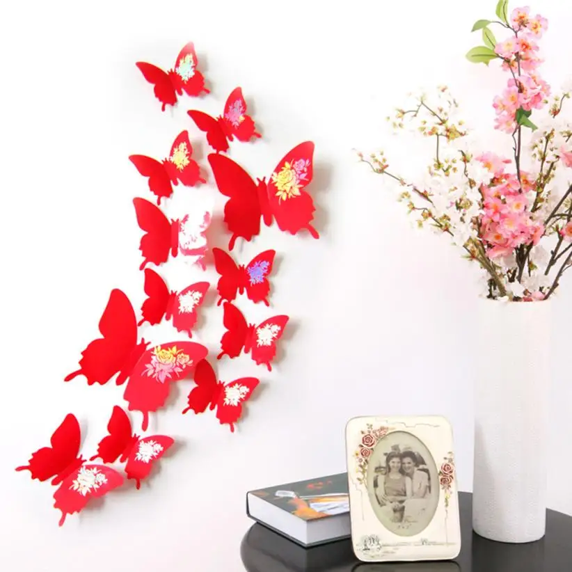 12 шт./компл. ПВХ 3D мульти Цвет бабочка Форма наклейки на стену DIY для украшения дома ТВ фон Дети Спальня Наклейки на стены - Цвет: Красный