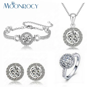 

MOONROCY Free Shipping CZ Rose Gold Color Crystal Necklace Earring Ring and Bracelet Jewelry Set for Women Bride Wedding Set