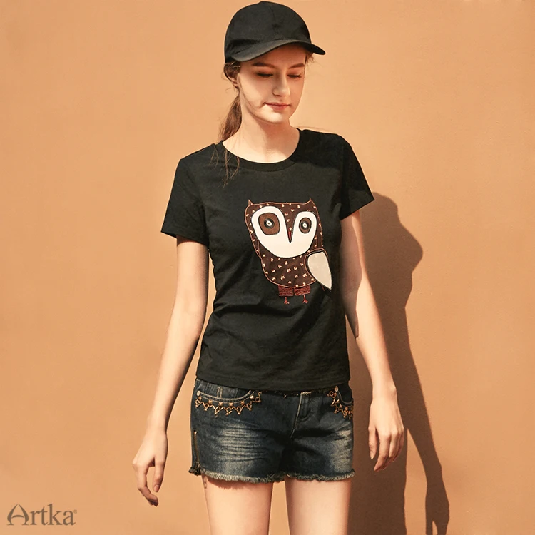 ARTKA Повседневная вышитая Сова Женская летняя футболка с коротким рукавом женская одежда футболка TA10774X