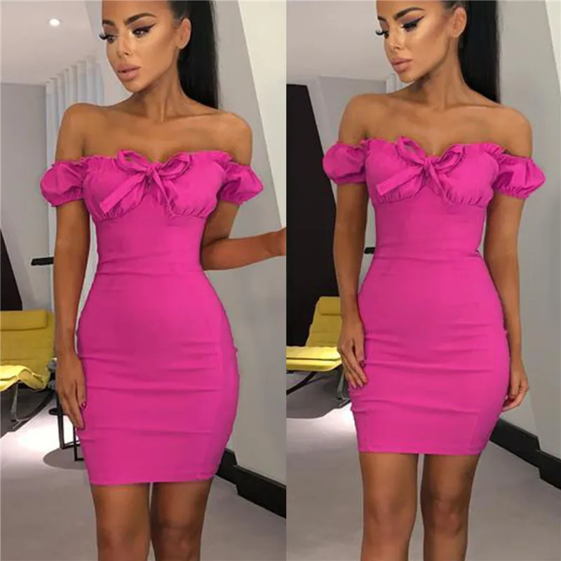 2019 New Women Hot Off Shoulder Bandage Bodycon Dress Strapless Short Sleeve Dress Lace-up Bow Evening Party Clubwear Mini Dress 2019 New Women Hot Off Shoulder Bandage Bodycon Dress Strapless Short Sleeve Dress Lace-up Bow Evening Party Clubwear Mini Dress