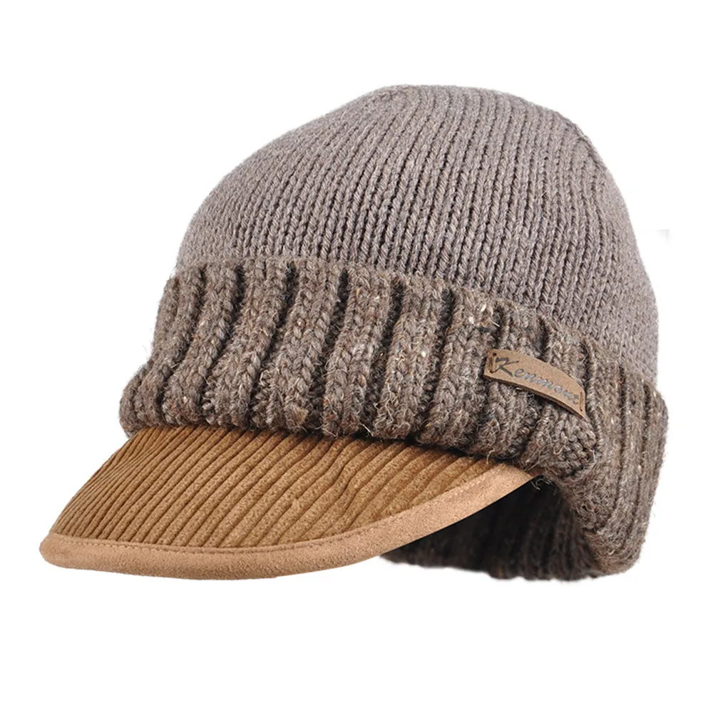 New Kenmont Autumn Winter Men Alpaca Knitted Hat Corduroy Brim Ski