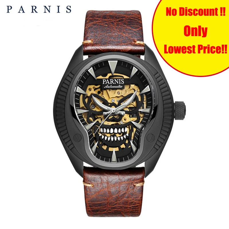 

Parnis Automatic Mechanical Men's Watches 43mm Skull Skeleton Mens Watch Luminous Dial Sapphire Crystal Men Wristwatch Clock Man