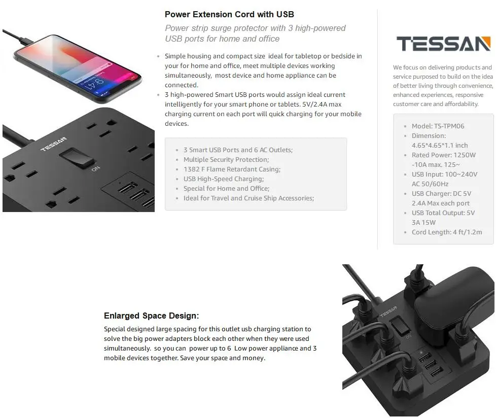 Tessan путешествия мощность полосы с 3 USB порты и разъёмы 6 AC розетки зарядная станция 4ft удлинитель Multi Электрический фильтр для США