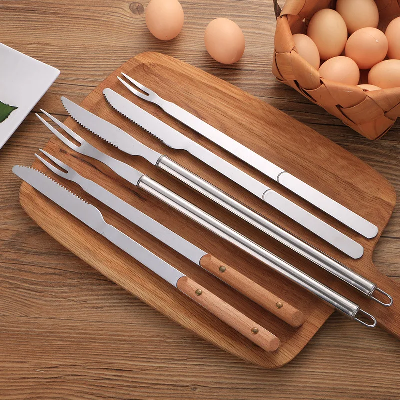 

2pcs/Set BBQ Wooden Handle Fork Kitchen Dinnerware Flat Forks Picnic Tool Skewers Utensil Cooking Grill Meat Barbecue Camping