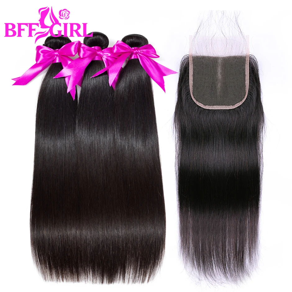 online Feixes de Cabelo Retas brasileiros Com Fechamento Feixes de Cabelo Humano Com Fechamento 3 BFF MENINA Do Cabelo Não Remy Do Cabelo Pacotes Com fechamento