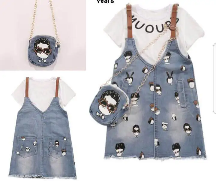 

Retail Girl 3Pcs Suit Denim Suspender Dress+Short Sleeve T-shirts+Bag 2017 Summer New Clothing Sets 100-150cm X275