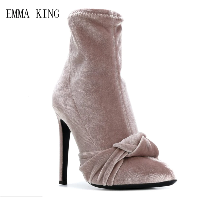 

EMMA KING Pink And Black Butterfly-knot Suede Ankle Boots New Style Pionted Stiletto Flock Shoes Women