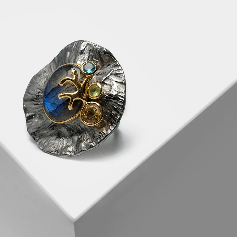 

Vintage 925 Silver inlaid semi-precious stone labradorite Rings