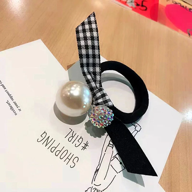 Houndstooth cloth bow hair rope color diamond pearl hair ring thick rubber band ponytail ties fashion hair accessories for women