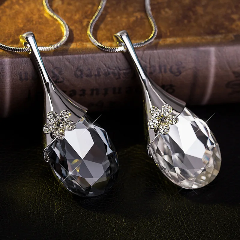 

2018 Zhefanku Sale long crystal Pendant Necklace For Women Silver Color teardrop angel wing triangle Jewelry Christmas Gift