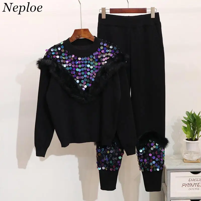 

Neploe Sequins Two Piece Knit Sets O-neck Long Sleeve Pullover Fur Patchwork Knitting Pants Sets Female 2pcs Fashion Sets 37608