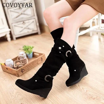 

COVOYYAR 2019 Wedge Women Boots High Heel Platform Knee High Boots Flock Buckle Fashion Autumn Winter Woman Shoes Big Size WBS5
