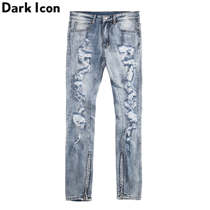 

Dark Icon Destroyed Ankle Zipper Men's Jeans 2019 New Fashion High Street Regular Jeans Men Denim Pants Blue