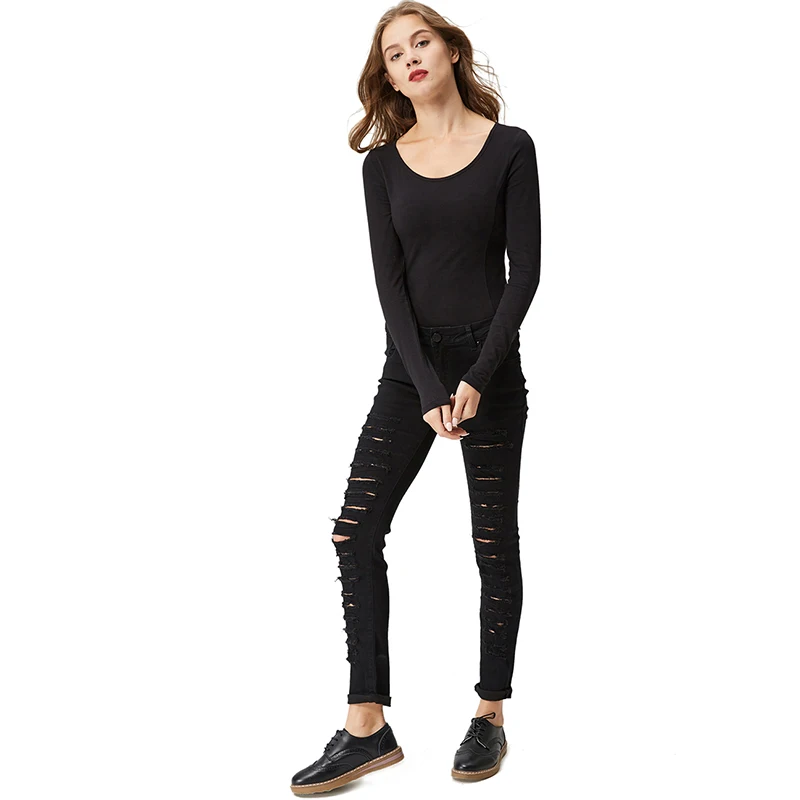 GLO-STORY Новая мода Европейский стиль женские брюки обтягивающие черные с высокой талией на молнии рваные джинсы Femme WNK-2105