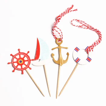 

24 Pcs/set Creative Navigation Sailing Yacht Anchor Sailor Cupcake Toppers Picks Ocean Style Birthday Party Decoration supplies