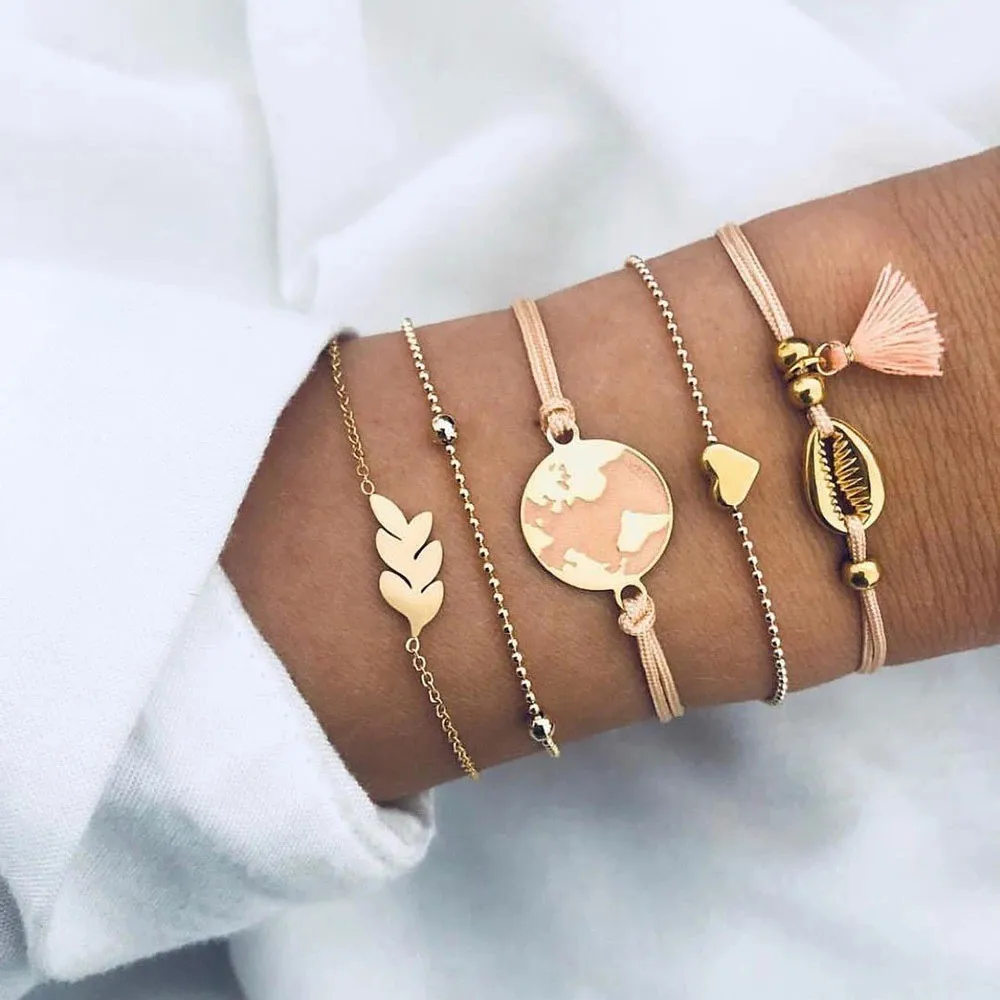 

Vintage Map Shell Bracelets for Women Charms Jewelry 2019 Vintage Cotton Tassel Tree Bracelet Set Bohemia Wristband Accessories