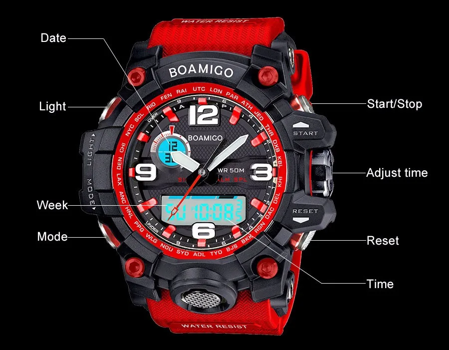 BOAMIGO Luxury Men's Watch LED  Analog Digital Plastic Military Watches Sport Quartz Wristwatches Dual Display Red Rubber Strap (1)
