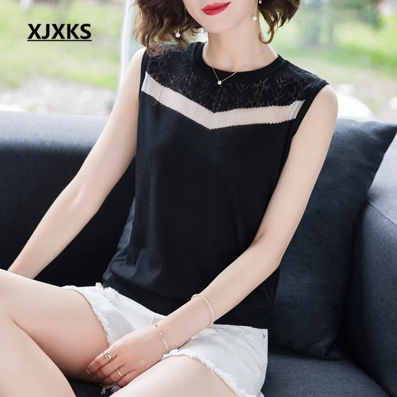 XJXKS модная женская футболка без рукавов летняя новая Удобная тонкая трикотажная футболка с круглым вырезом - Цвет: Черный