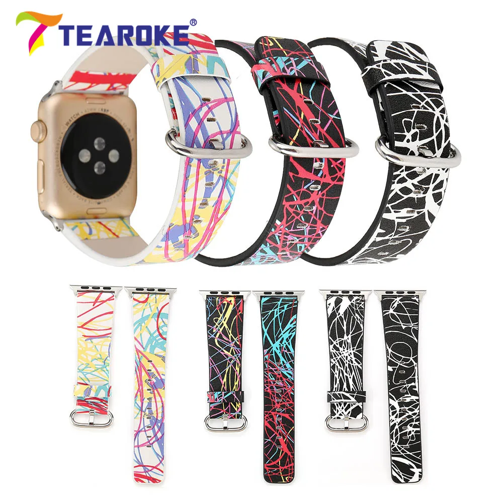 Tearoke забавные граффити живопись кожаный ремешок для Apple Watch 38 мм 42 мм стильный Для женщин Для мужчин замены ремешок для iwatch