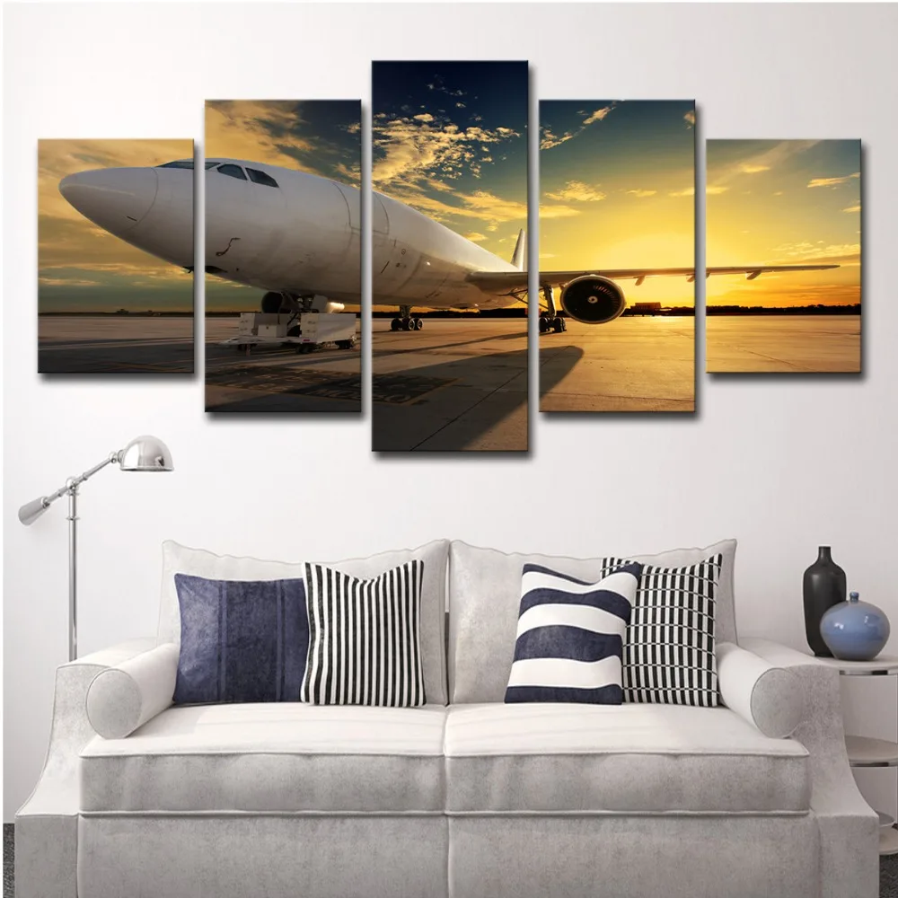 

5 Piece Large Modern Airplane Sunset Sky Scape Canvas Prints Posters Artwork Pictures Paintings Wall Art for Living Room Bedroom