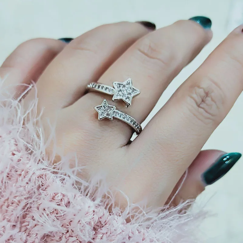 

SINLEERY Dazzling Double Stars Crystal Rings Adjustable Silver /Rose Gold Color Wedding Party Jewelry For Women JZ430 SSC