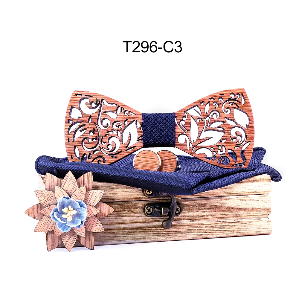 Wood BowTie Handkerchief Set Men's wooden Bowtie with cufflinks Floral design wood Box Fashion Novelty men ties