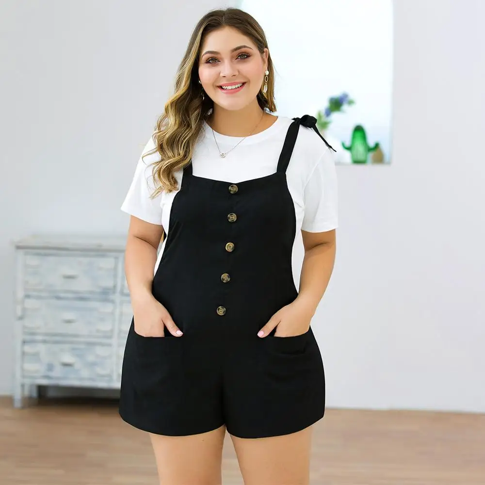 

Uwardrobe women summer playsuits for women 2019 Plus Size Casual Strap Button Pocket Wide Leg Shorts bodysuit jumpsuit women ED